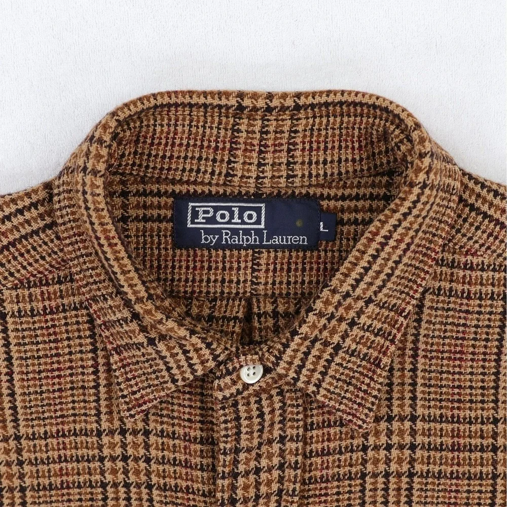 Polo Ralph Lauren Shirt Mens Large Brown Glen Plaid Check Long Sleeve VTG